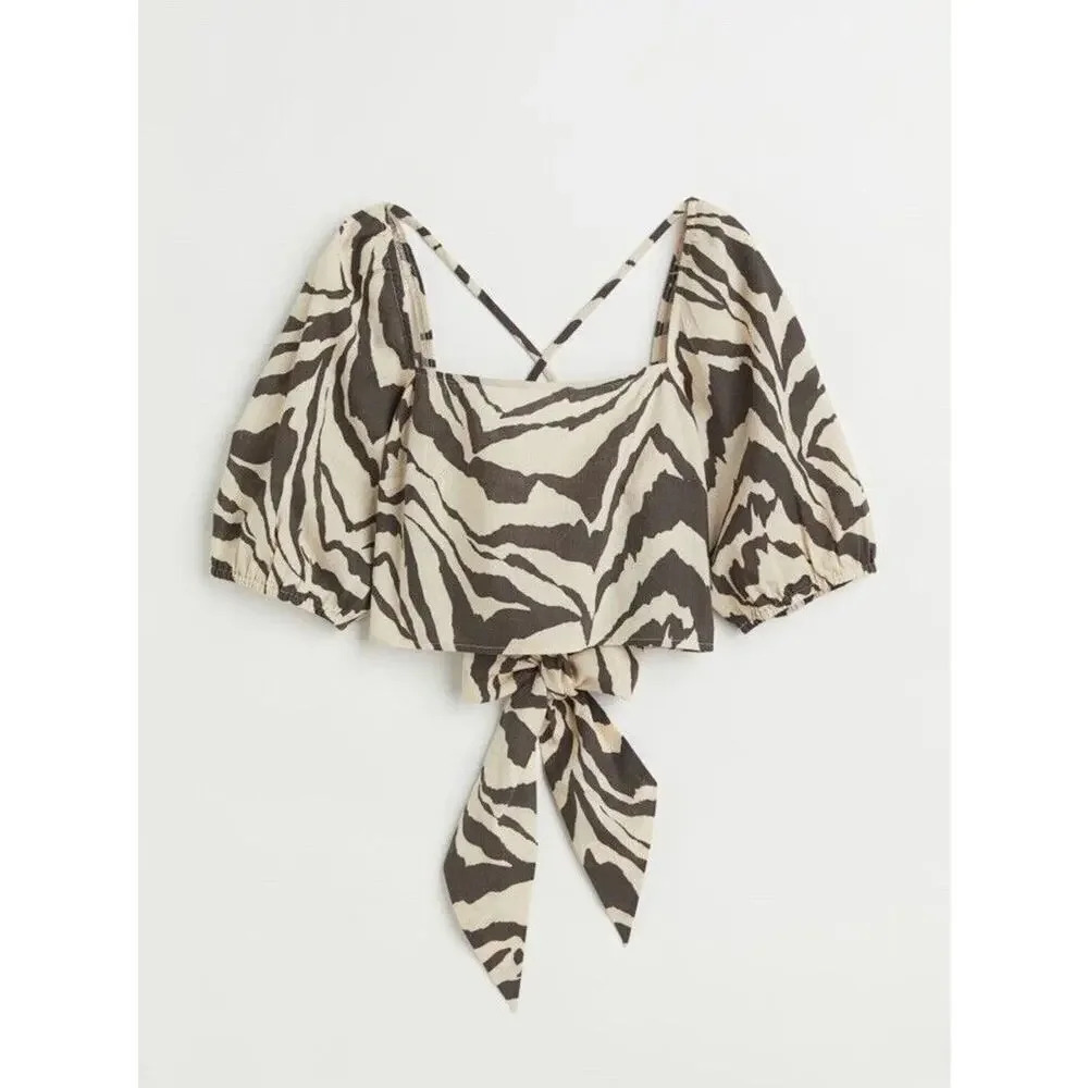 NWT H&M Linen Blend Crop Blouse Light Beige/Zebra Print Size Small Women’s
